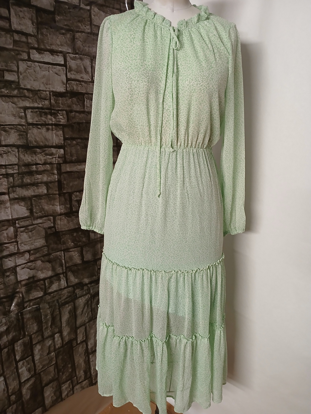Koko + Mason Light Green Tiered Long Sleeve Midi Women's  Dress